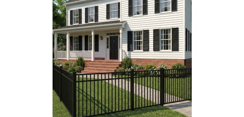 Aluminum Rackable Residential 3-Rail Flat Top Fence Panels installed outside a family home.