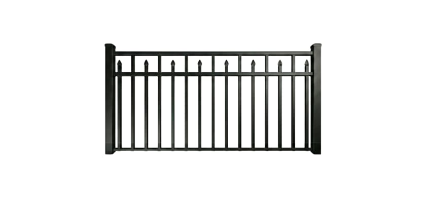 A panel of Aluminum Rackable Commercial 3 Rail Staggered Spear Flat Top Fencing - 6' Wide × 48" High