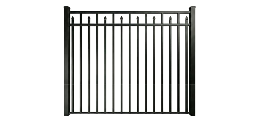 A 6' Wide × 60" High Aluminum Rackable Commercial 3-Rail Staggered Spear Flat Top Fence Panel