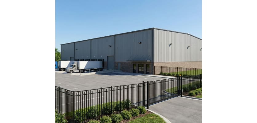 Aluminum Rackable Commercial 3-Rail Staggered Spear Flat Top Fence Panels installed around a warehouse yard.