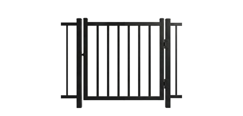 A 4' Wide × 36" High Aluminum Residential 2-Rail Flat Top Walk Gate with matching side fence panels.