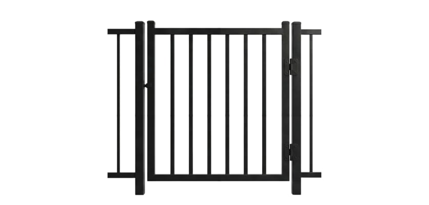 A 4' Wide × 36" High Aluminum Residential 2-Rail Flat Top Walk Gate with matching side fence panels.