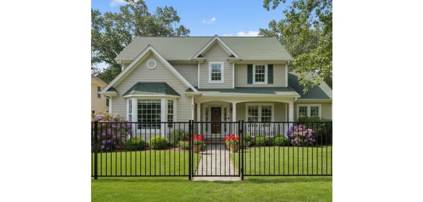 A black Aluminum Residential 2-Rail Flat Top Walk Gate and matching fence panels installed as a front yard railing for a traditional suburban home.
