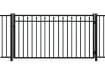 A black Aluminum Residential Walk Gate featuring a 3-rail flat top design with decorative spear-top pickets for a secure yard entry.