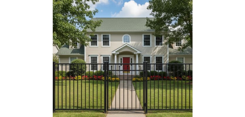 A black Aluminum Residential 3-Rail Flat Top Walk Gate and matching fence panels installed as a front yard railing for a traditional suburban home.