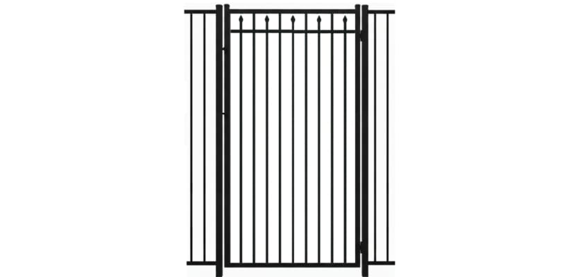 A black Aluminum Residential Walk Gate featuring a 3-rail flat top design with decorative spear-top pickets for a secure yard entry.