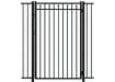 A black Aluminum Residential Walk Gate featuring a 3-rail flat top design with decorative spear-top pickets for a secure yard entry.