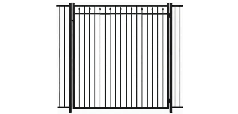 A black Aluminum Residential Walk Gate featuring a 3-rail flat top design with decorative spear-top pickets for a secure yard entry.