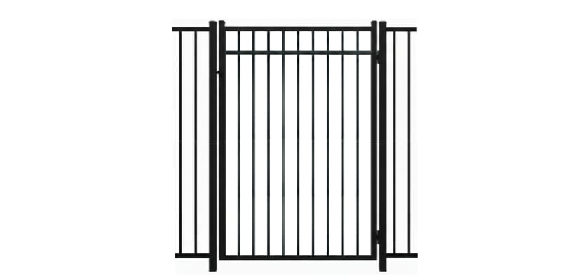 A black Aluminum Residential Walk Gate featuring a 3-rail flat top design with decorative spear-top pickets for a secure yard entry.