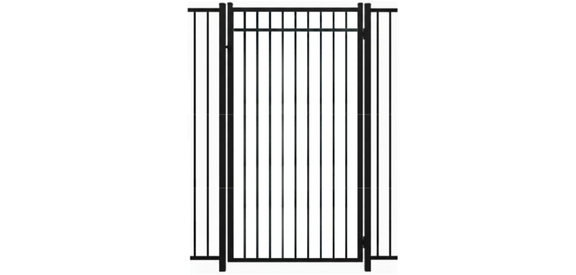 A black Aluminum Residential Walk Gate featuring a 3-rail flat top design with decorative spear-top pickets for a secure yard entry.