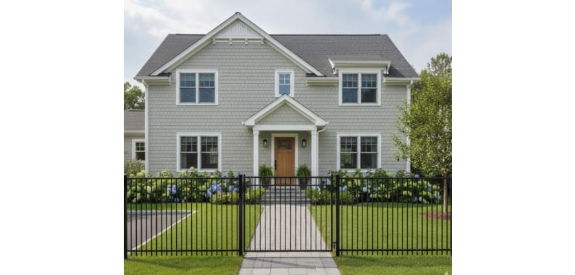 A black Aluminum Residential 3-Rail Flat Top Walk Gate and matching fence panels installed as a front yard railing for a traditional suburban home.