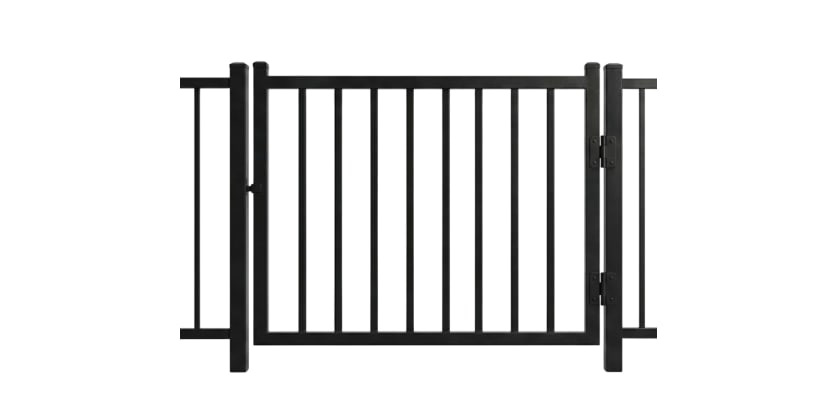 A black Aluminum Residential Walk Gate featuring a 2-rail flat top design with decorative spear-top pickets for a secure yard entry.