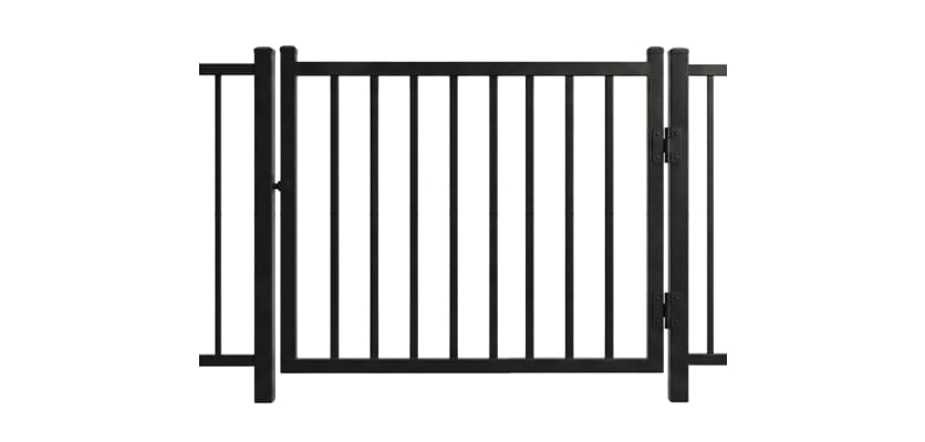 A black Aluminum Residential Walk Gate featuring a 2-rail flat top design with decorative spear-top pickets for a secure yard entry.