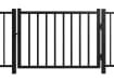 A black Aluminum Residential Walk Gate featuring a 2-rail flat top design with decorative spear-top pickets for a secure yard entry.