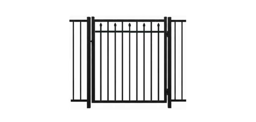 A black Aluminum Residential Walk Gate featuring a 3-rail flat top design with decorative spear-top pickets for a secure yard entry.