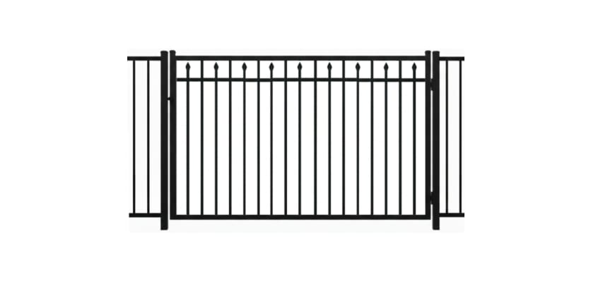 A black Aluminum Residential Walk Gate featuring a 3-rail flat top design with decorative spear-top pickets for a secure yard entry.