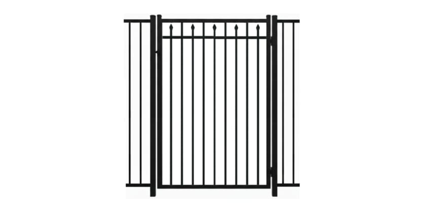 A black Aluminum Residential Walk Gate featuring a 3-rail flat top design with decorative spear-top pickets for a secure yard entry.