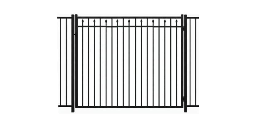 A black Aluminum Residential Walk Gate featuring a 3-rail flat top design with decorative spear-top pickets for a secure yard entry.