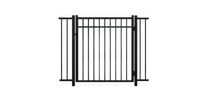 A black Aluminum Residential Walk Gate featuring a 3-rail flat top design with decorative spear-top pickets for a secure yard entry.