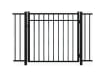 A black Aluminum Residential Walk Gate featuring a 3-rail flat top design with decorative spear-top pickets for a secure yard entry.