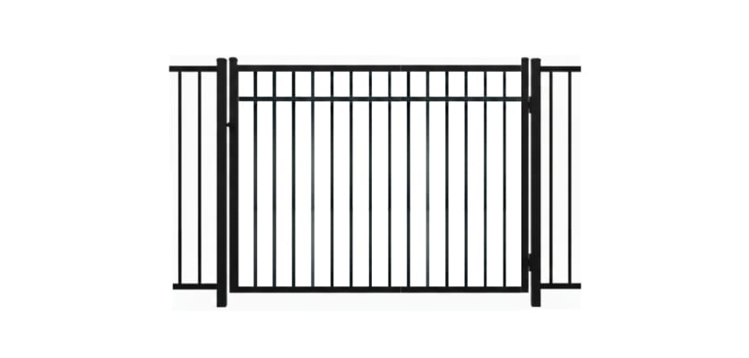A black Aluminum Residential Walk Gate featuring a 3-rail flat top design with decorative spear-top pickets for a secure yard entry.