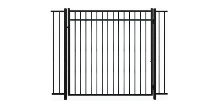 A black Aluminum Residential Walk Gate featuring a 3-rail flat top design with decorative spear-top pickets for a secure yard entry.