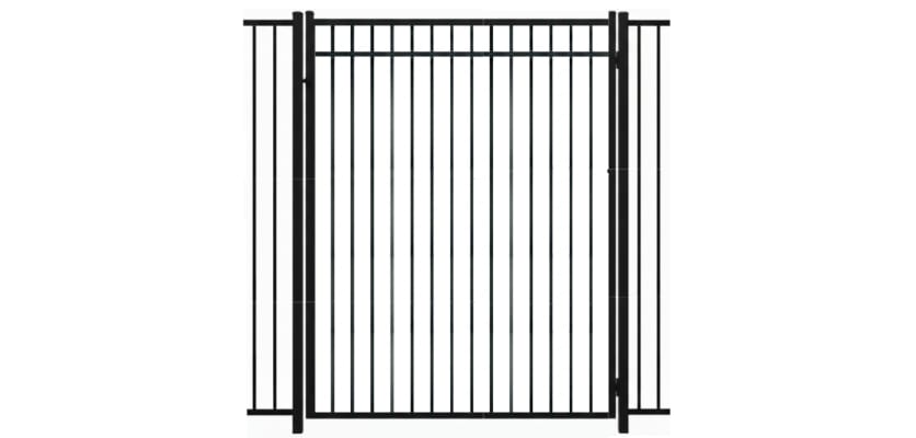 A black Aluminum Residential Walk Gate featuring a 3-rail flat top design with decorative spear-top pickets for a secure yard entry.