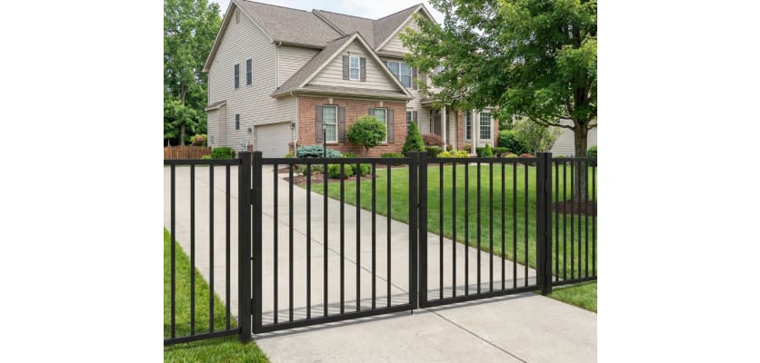 A black Aluminum Residential 2-Rail Flat Top Drive Gate leaf pair shown with heavy-duty mounting hinges and a center latch.