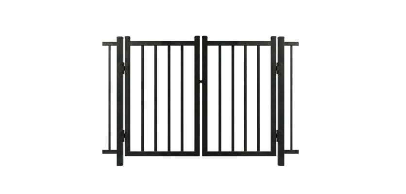 A black Aluminum Residential 2-Rail Flat Top Drive Gate leaf pair, shown with heavy-duty hinges and a center latch for a secure yard entry.