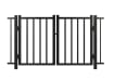 A black Aluminum Residential 2-Rail Flat Top Drive Gate leaf pair, shown with heavy-duty hinges and a center latch for a secure yard entry.