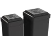 A pair of black Aluminum Gate Posts featuring decorative pyramid caps with an embossed logo for a secure yard entrance.