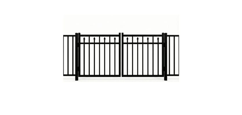 A black Aluminum Residential 3-Rail Staggered Spear Flat Top Drive Gate leaf pair, featuring decorative internal spear finials and a smooth top rail for a secure yard entrance.
