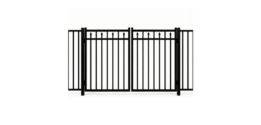 A black Aluminum Residential 3-Rail Staggered Spear Flat Top Drive Gate leaf pair, featuring decorative internal spear finials and a smooth top rail for a secure yard entrance.