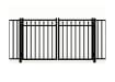 A black Aluminum Residential 3-Rail Staggered Spear Flat Top Drive Gate leaf pair, featuring decorative internal spear finials and a smooth top rail for a secure yard entrance.