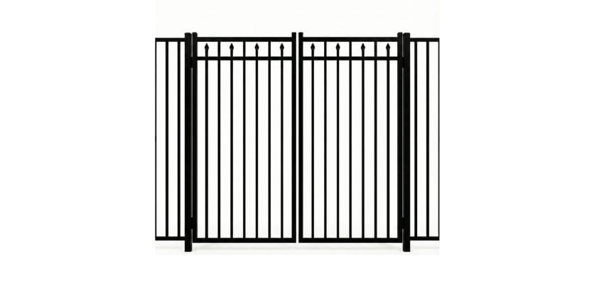A black Aluminum Residential 3-Rail Staggered Spear Flat Top Drive Gate leaf pair, featuring decorative internal spear finials and a smooth top rail for a secure yard entrance.