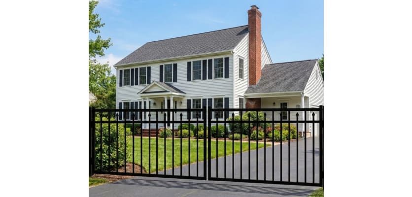 A decorative black Aluminum Driveway Gate pair with a 3-rail staggered spear design installed across an asphalt driveway leading to a large white traditional-style home.