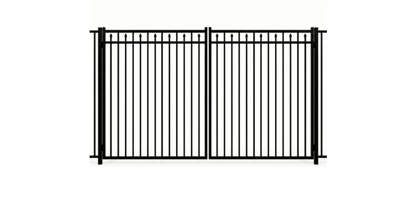 A black Aluminum Residential 3-Rail Staggered Spear Flat Top Drive Gate leaf pair, featuring decorative internal spear finials and a smooth top rail for a secure yard entrance.