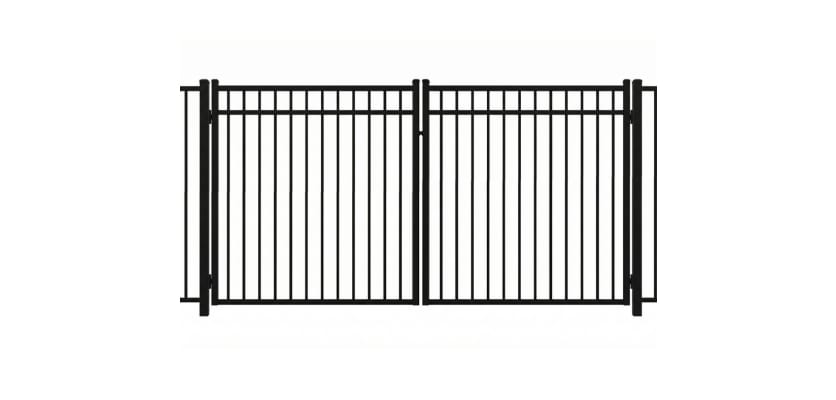 A black Aluminum Residential 3-Rail Flat Top Drive Gate leaf pair, featuring reinforced horizontal rails and a clean, modern silhouette for a secure residential driveway entrance.