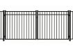 A black Aluminum Residential 3-Rail Flat Top Drive Gate leaf pair, featuring reinforced horizontal rails and a clean, modern silhouette for a secure residential driveway entrance.