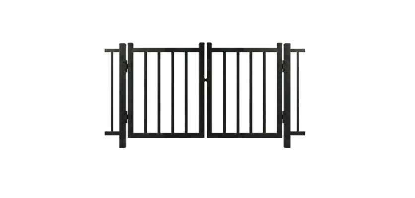 A black Aluminum Commercial 2-Rail Flat Top Drive Gate leaf pair featuring a robust two-rail frame and heavy-duty mounting hinges for commercial property access.