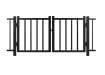 A black Aluminum Commercial 2-Rail Flat Top Drive Gate leaf pair featuring a robust two-rail frame and heavy-duty mounting hinges for commercial property access.