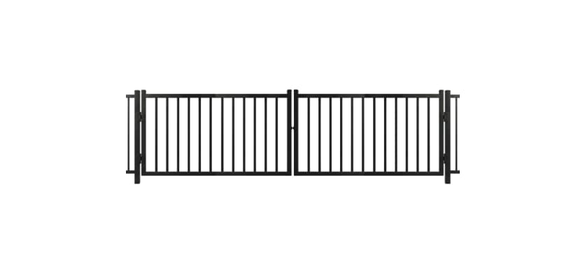 A black Aluminum Commercial 2-Rail Flat Top Drive Gate leaf pair featuring a robust two-rail frame and heavy-duty mounting hinges for commercial property access.