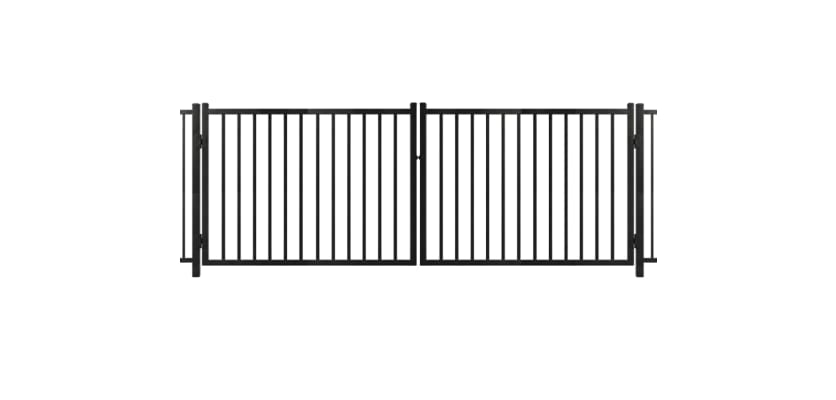 A black Aluminum Commercial 2-Rail Flat Top Drive Gate leaf pair featuring a robust two-rail frame and heavy-duty mounting hinges for commercial property access.