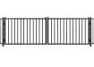 A black Aluminum Commercial 2-Rail Flat Top Drive Gate leaf pair featuring a robust two-rail frame and heavy-duty mounting hinges for commercial property access.