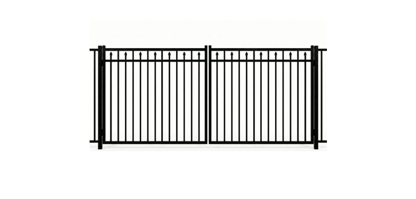 Aluminum Commercial Drive Gate leaf pair featuring a 3-rail staggered spear design and a safe flat top rail for wide-access commercial property entrances.