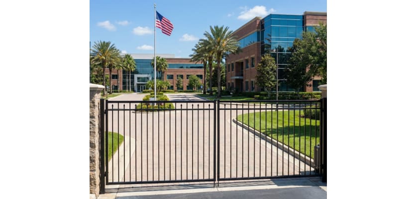 Black Aluminum Commercial Driveway Gate pair with a 3-rail staggered spear design and a safe flat top rail, installed at a school entrance to provide secure access.