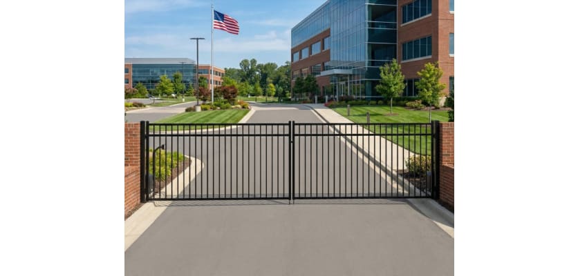 Black Aluminum Commercial Driveway Gate pair with a 3-rail design and a safe flat top rail, installed at a commercial building entrance to provide secure access.