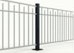 Black Aluminum Residential Bolt Down Line Post for 2-rail fencing, featuring pre-routed holes on opposite sides for a straight fence run in a yard.