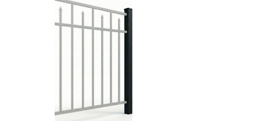 A black 2" x 2" x 84" Aluminum Residential Dig-In End Post for 3-rail fencing, featuring single-side routing to terminate 60-inch high fence panels in a yard.