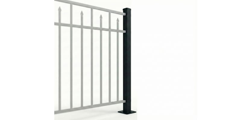 A black 2" x 2" x 50" Aluminum Residential Bolt-Down End Post for 2-rail fencing, featuring a welded base plate for surface mounting on a property.